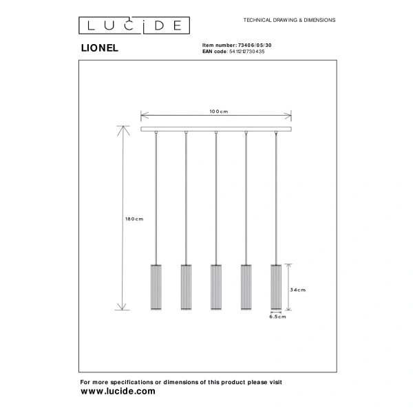 Technische tekening hanglamp pendel 5-lichts zwart Lionel met afmetingen
