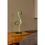 Flamingo tafellamp met zwarte basis en geelgroen licht op houten bureau