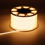 Productfoto van aangeschakelde LED Strip 220V COB Warmwit 50M Plug and Play - Ledl