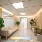 Vierkante led panelen plafondverlichting in moderne wachtruimte met planten en stoelen