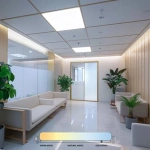 LED paneel plafondverlichting in moderne wachtruimte met banken en planten