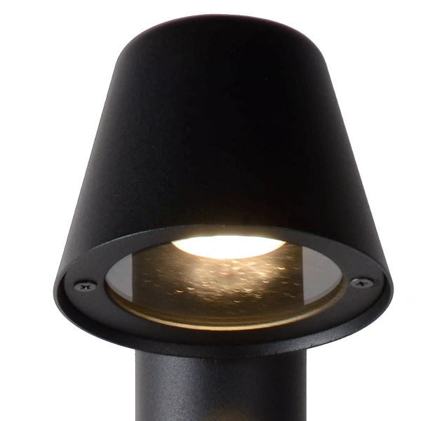 Zwarte metalen tuinsokkel met één ronde lichtbron naar beneden gericht