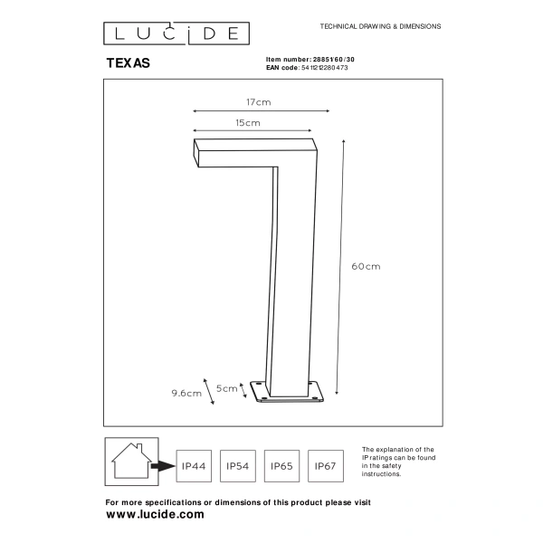 Maattekening van Tuinsokkel Modern Rechthoek Antraciet 60CM TEXAS - Lucide
