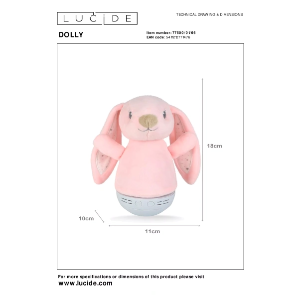 maattekening van Kinder Nachtlampje Konijn met Muziekfunctie DOLLY - Lucide