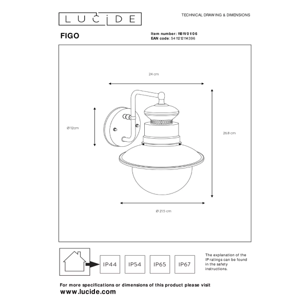 11811-01-06 technical drawing Maattekening Klassieke Buiten Wandlamp 1 Lichts Zilver FIGO - Lucide