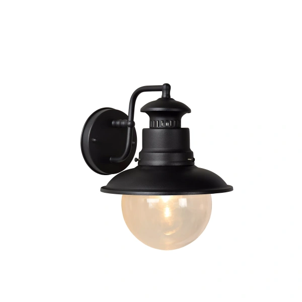 11811-01-30 Zwarte klassieke buiten wandlamp met ronde glazen kap en รฉรฉn lichtpunt