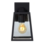 Zwarte rechthoekige buiten wandlamp met transparant glas en zichtbare fitting