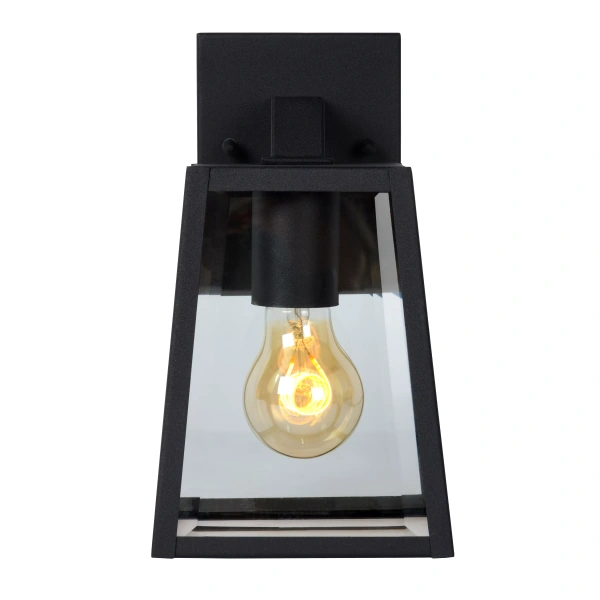 Zwarte rechthoekige buiten wandlamp met transparant glas en zichtbare fitting