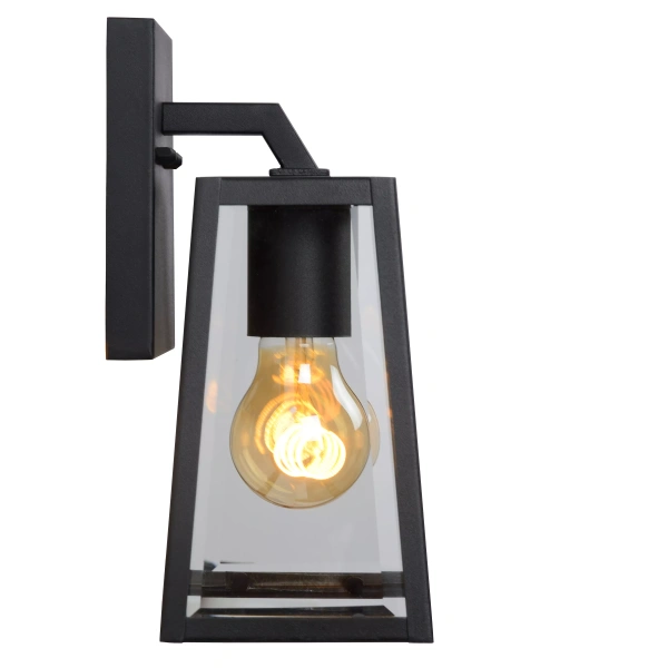 Zwarte buiten wandlamp met rechthoekige glazen behuizing en zichtbare gloeilamp