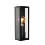 Rechthoekige zwarte buitenwandlamp met glazen behuizing en zichtbare lichtbron