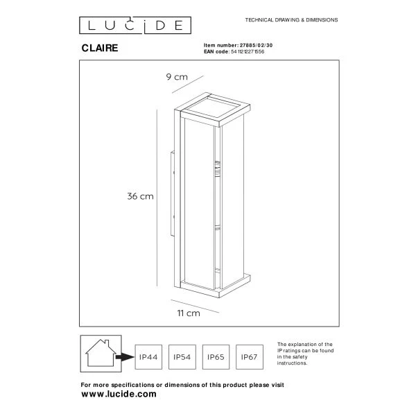 maattekening: Moderne Buiten Wandlamp Rechthoek Zwart CLAIRE - Lucide