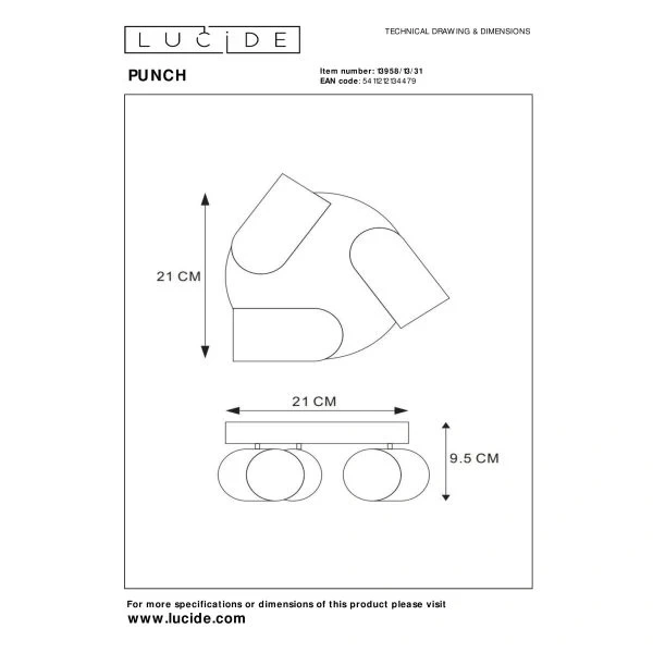 maattekening: Moderne Plafondspot 3 Lichts Rond Wit PUNCH - Lucide