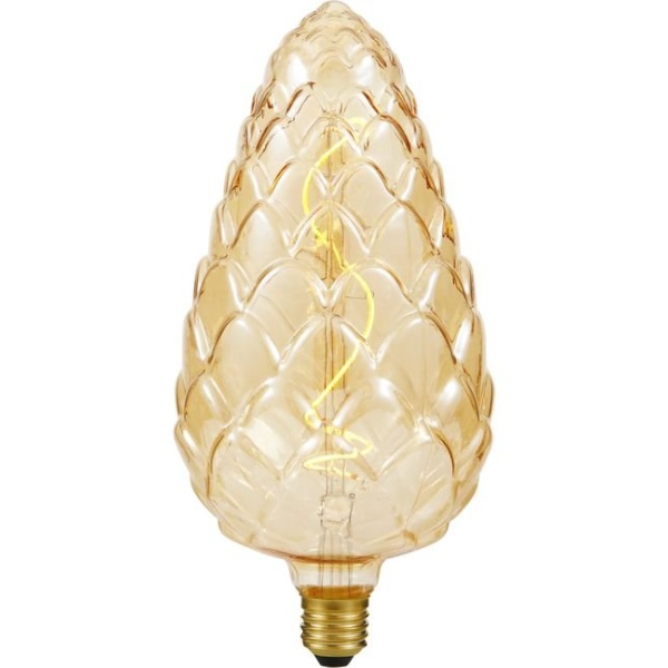 voorkant lamp aan: SPL E27 Fila XXL PINE CONE 4W Flame Goud Dimbaar