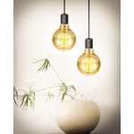 sfeerbeeld: twee lampen aan: SPL E27 Fila Globe 5.5W Flame Goud Dimbaar