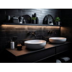 LED stripverlichting onder plank boven dubbele wastafel in donkere badkamer