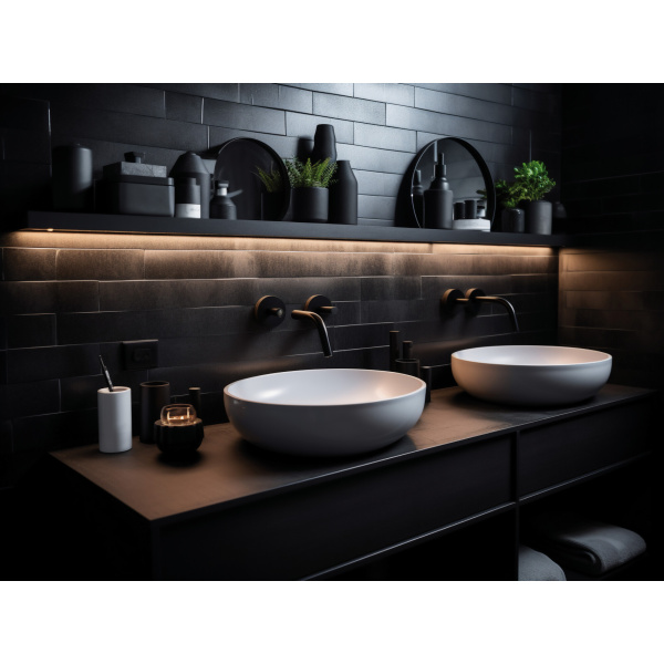 LED stripverlichting onder plank boven dubbele wastafel in donkere badkamer