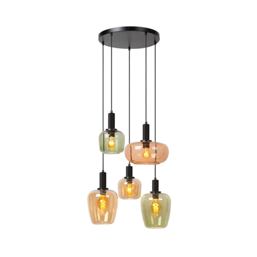 Glazen Hanglampen Glazen hanglamp met vijf gekleurde lampenkappen en zwarte plafondplaat