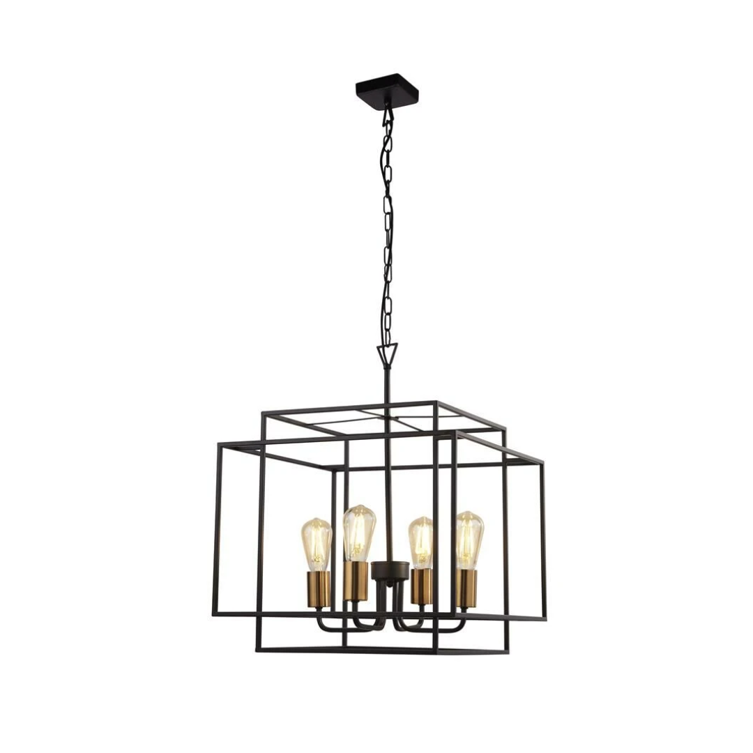 industriele hanglampen Industriรซle hanglamp zwart metaal met vier fittingen en open kubusframe