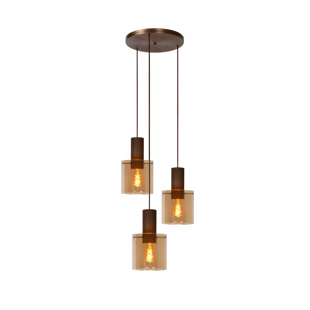 Woonkamer Hanglampen Hanglamp met drie amberkleurige glazen kappen en bronzen afwerking