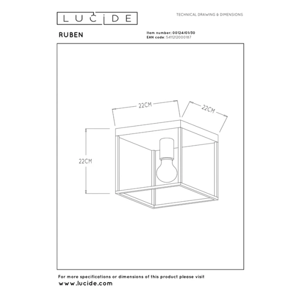 Maattekening van zwarte vintage plafonnière Ruben van Lucide 22x22 cm