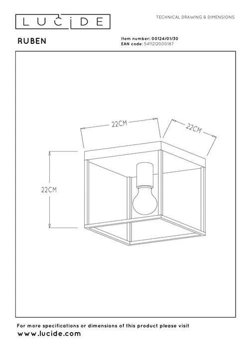 00124-01-30 technical drawing Maattekening van zwarte vintage plafonnière Ruben van Lucide 22x22 cm