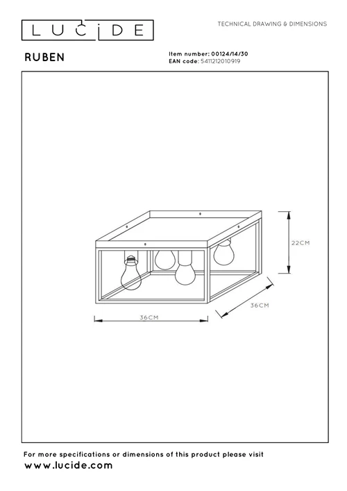 00124-14-30 technical drawing Maattekening van zwarte vintage plafonnière met vier lichtpunten Lucide RUBEN