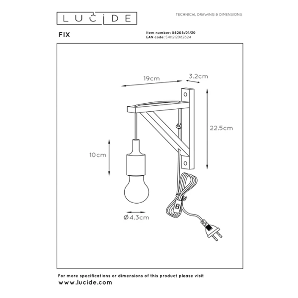 Scandinavische houten wandlamp zwart Lucide maattekening met afmetingen