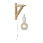Wandlamp van hout met witte fitting en zichtbaar snoer