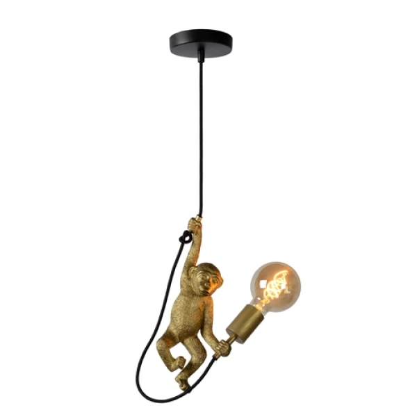Gouden hanglamp in de vorm van een aap met zwarte kabel