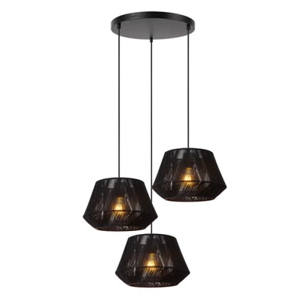 Zwarte Scandinavische hanglamp met drie lichtpunten en metalen kappen