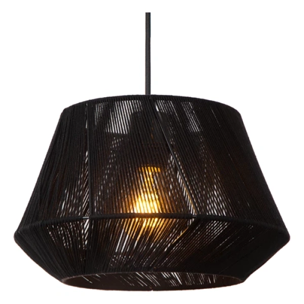 Zwarte Scandinavische hanglamp met drie lichtpunten en gevlochten koordstructuur