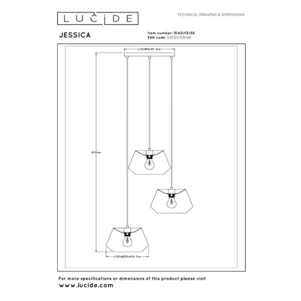 Maattekening van zwarte Scandinavische hanglamp met drie lichtpunten Lucide JESSICA