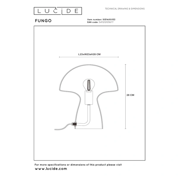 10514-01-53 technical drawing Maattekening tafellamp paddenstoel oranje Fungo Lucide met afmetingen 23x23x28 cm