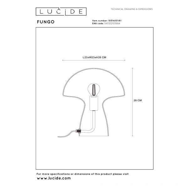 Maattekening tafellamp Paddenstoel Opaal Fungo Lucide met afmetingen 23x23x28 cm
