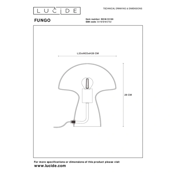10514-01-66 technical drawing Maattekening tafellamp paddenstoel roze Fungo Lucide met afmetingen 23x23x28 cm