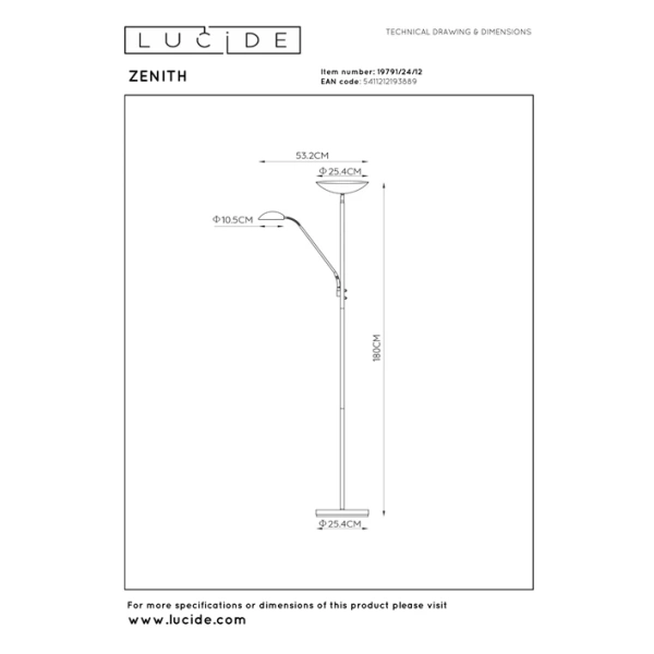 Maattekening van dimbare moderne leeslamp Zenith in mat chroom van Lucide