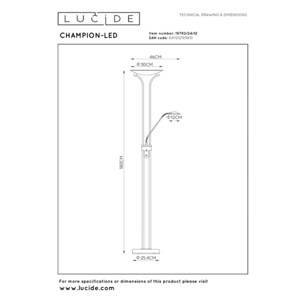 Maattekening van Lucide CHAMPION leeslamp in mat chroom met afmetingen