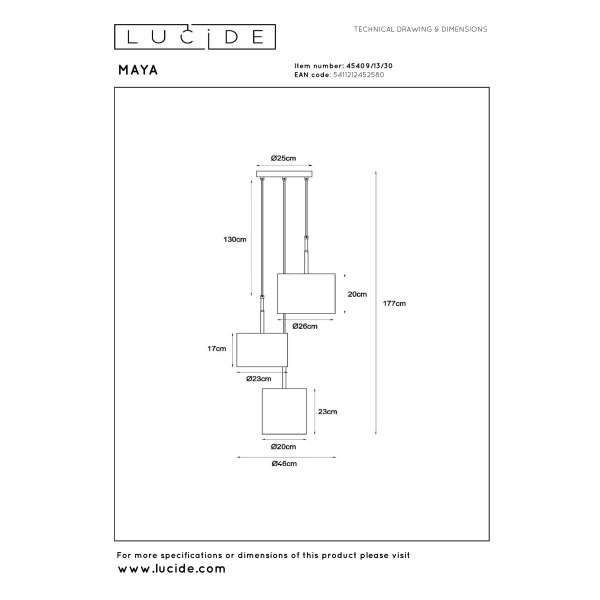 45409-13-30 technical drawing Maattekening van zwarte Scandinavische hanglamp met drie lichtpunten Lucide MAYA