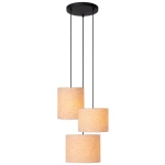 Beige Scandinavische hanglamp met drie stoffen kappen en zwarte ophanging
