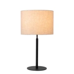 Beige tafellamp met zwarte metalen voet en cilindervormige stoffen kap