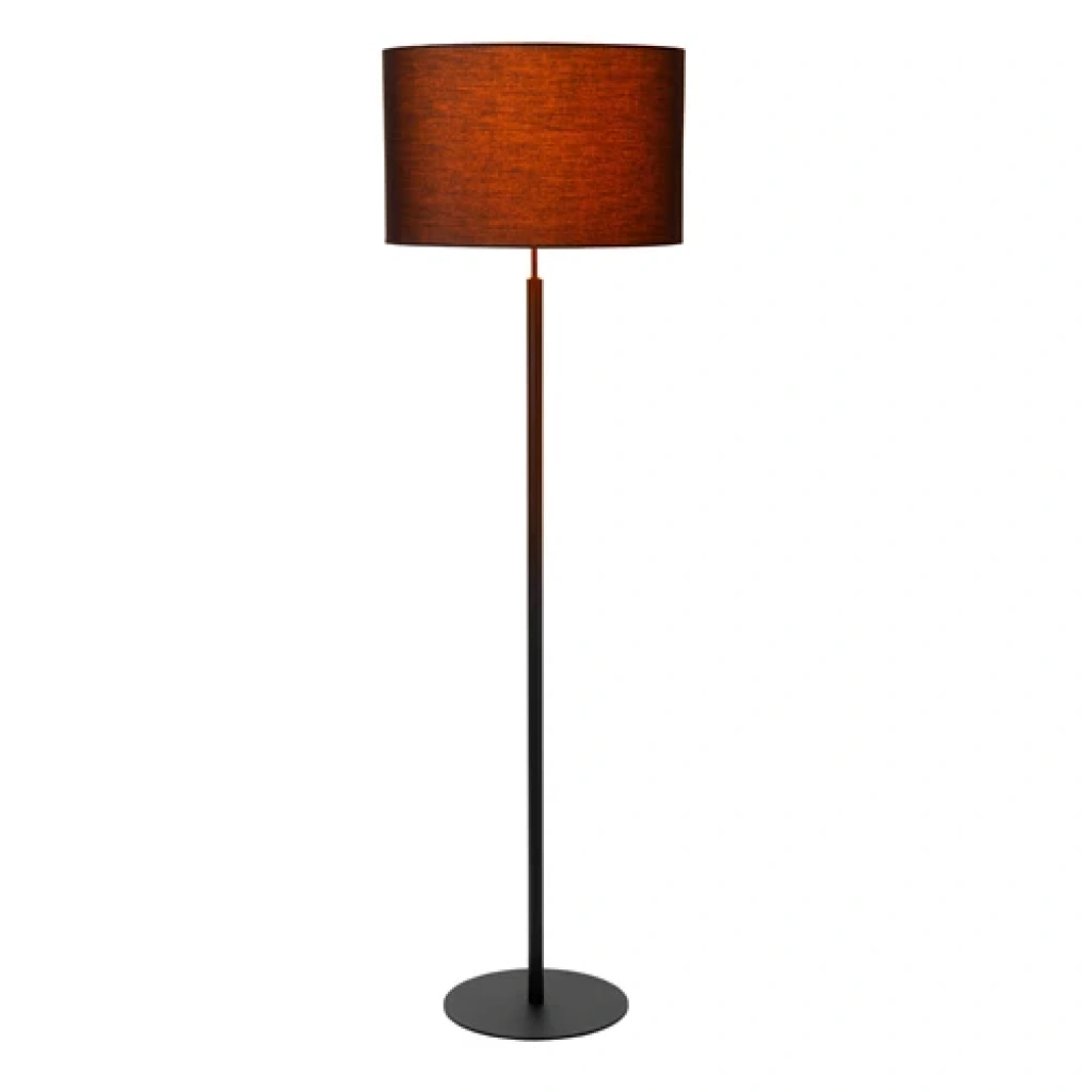 Zwarte Scandinavische vloerlamp met ronde stoffen kap en slanke metalen voet