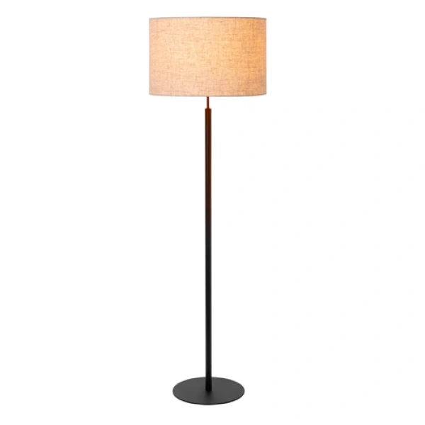 Beige vloerlamp met zwarte metalen voet en stoffen kap