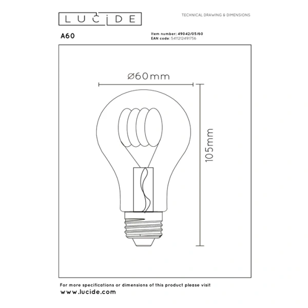 Lucide Fila E27 4,9W warmwit dimbare lamp maattekening