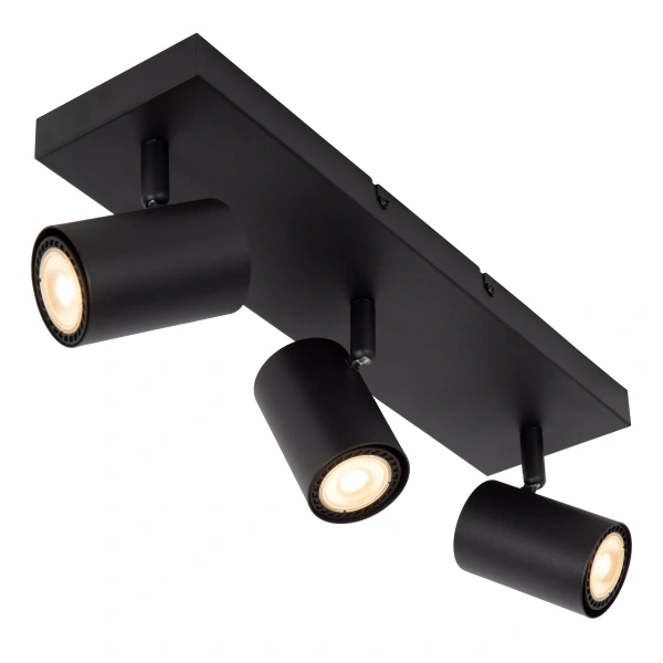 Zwarte metalen plafondspot met drie verstelbare cilindervormige lichtspots