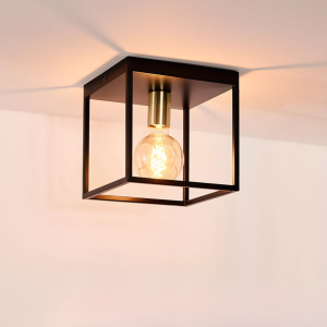 Plafonnière zwart metaal rechthoekig frame en zichtbare filamentlamp Lucide