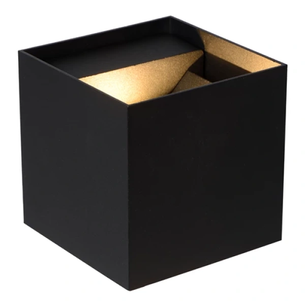 Zwarte kubusvormige wandlamp met goudkleurige binnenzijde IP54 Lucide