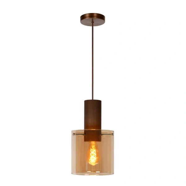 Hanglamp bruin met amberkleurig glazen kap en retro afwerking