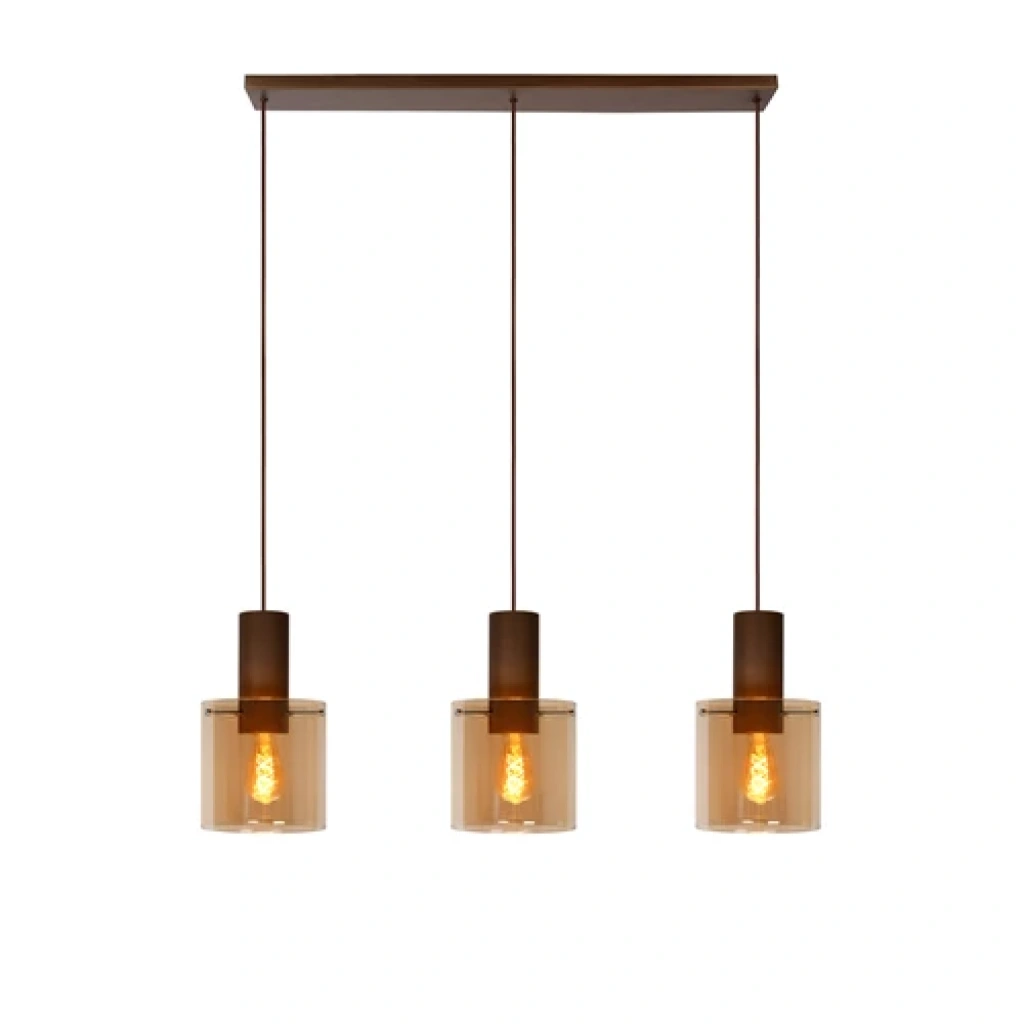 Hanglamp 3-lichts bruin met amberkleurig glas retro stijl