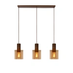 Hanglamp 3-lichts bruin met amberkleurig glas retro stijl