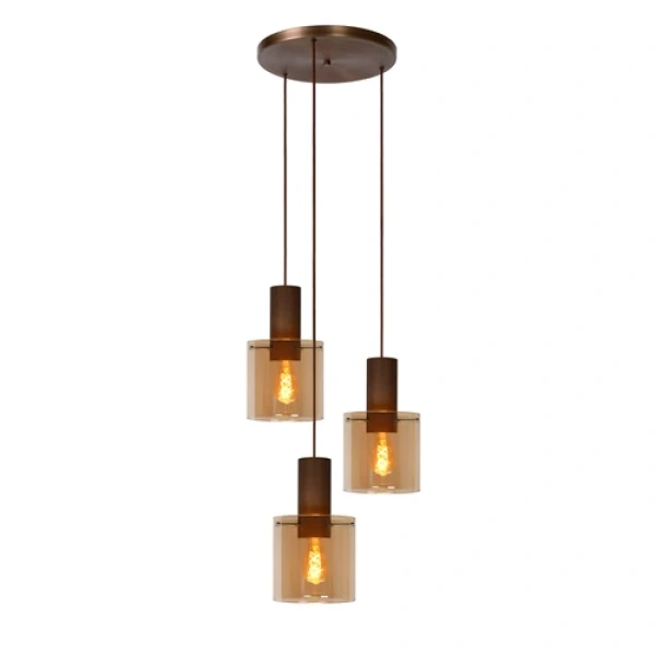 Hanglamp met drie amberkleurige glazen kappen en bronskleurige afwerking